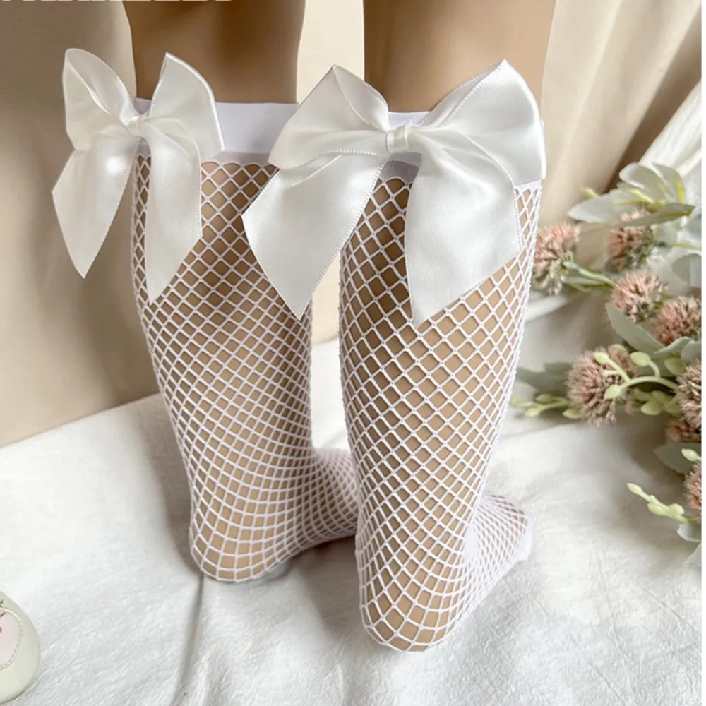 Children fishnet stockings socks large satin bow children's parent-child fishnet stockings toddler girl sokken