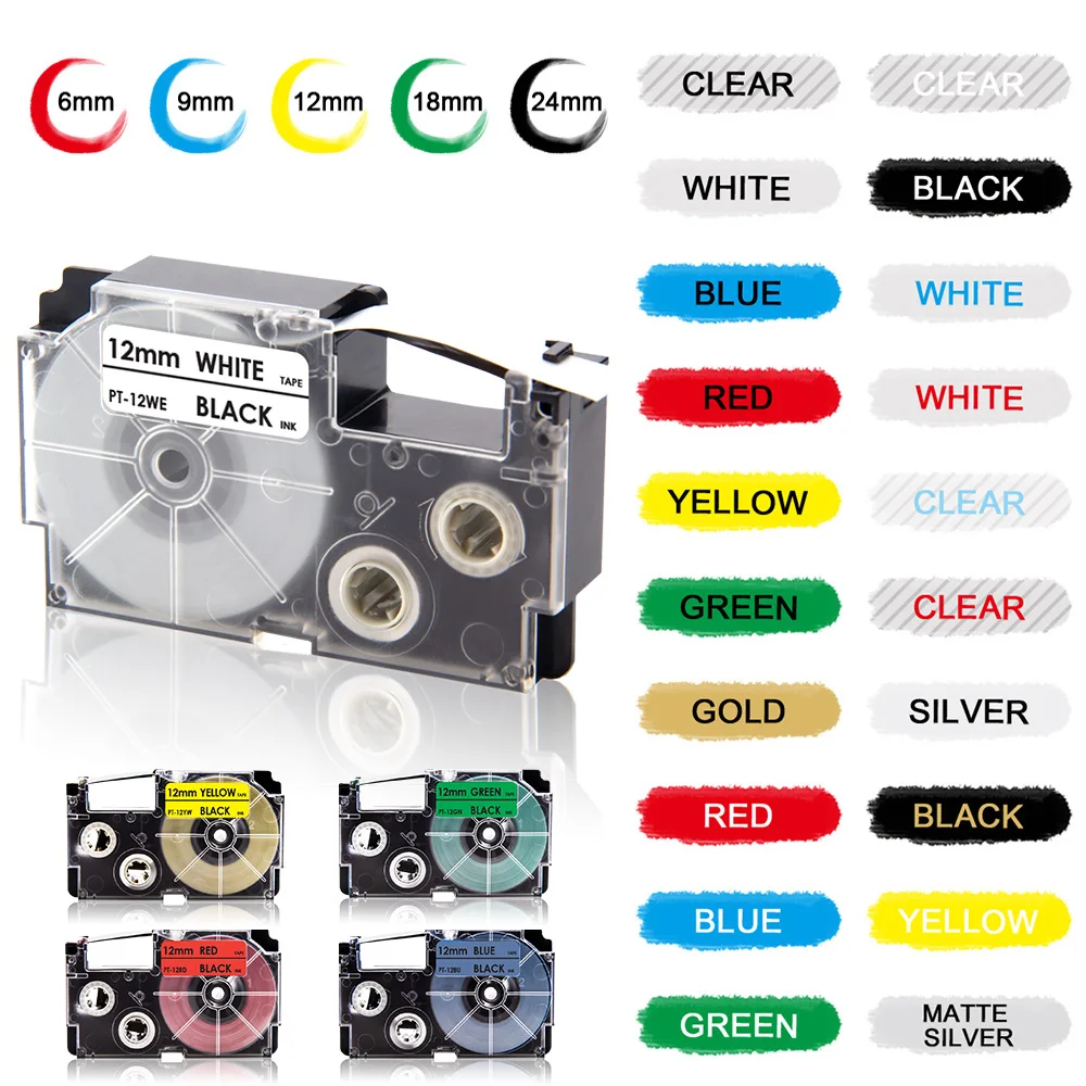 6/9/12/18/24mm Compatible Casio Label Tape XR12WE XR12X XR9WE XR9X XR6WE XR18WE XR24WE for Casio Label Printer KL-60 KL-60SR 820