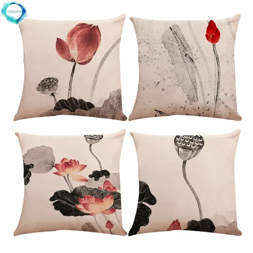 

Chinese Style Lotus Pattern Decorative Pillowcase Cushion Cover for Sofa Bed Cotton Linen Pillow Case Home Decoration 45X45CM