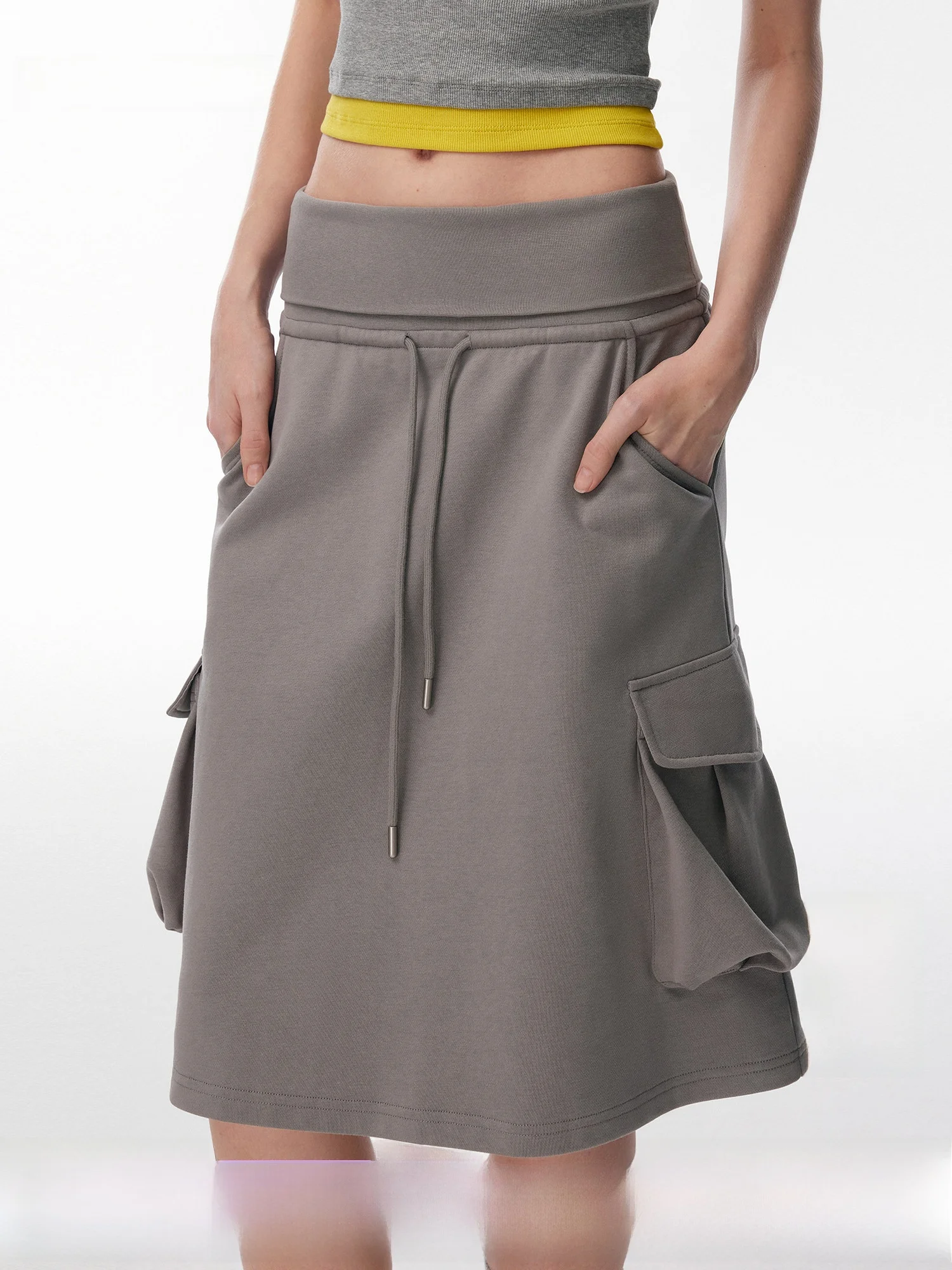 

Annachic Workwear Style Multi-Pocket Drawstring Waist Half Skirt A-Line Sweat Skirt Low Waist Simple Style Casual Daily Wear