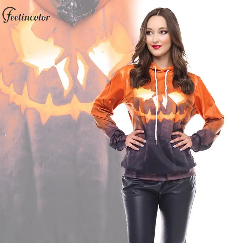 

Y2K Pumpkin Sweatshirts Women Halloween Hood Pullover Cosplay Party Pocket Streetwear 3D Full Print Tracksuit Female Clothing