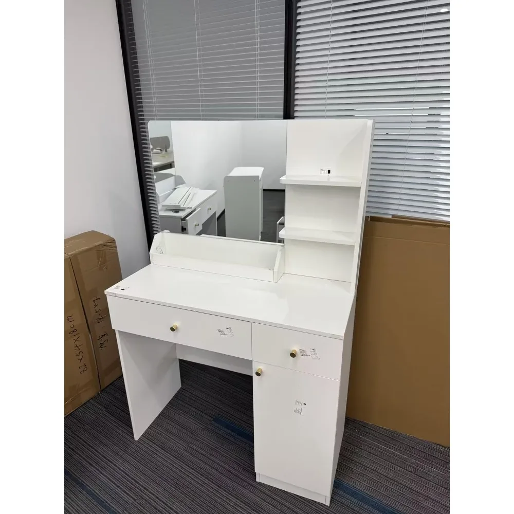 طاولة تزيين مع مرآة وإضاءة، لمبات LED قابلة للتعتيم، درجين، خزائن جانبية، 3 أرفف تخزين