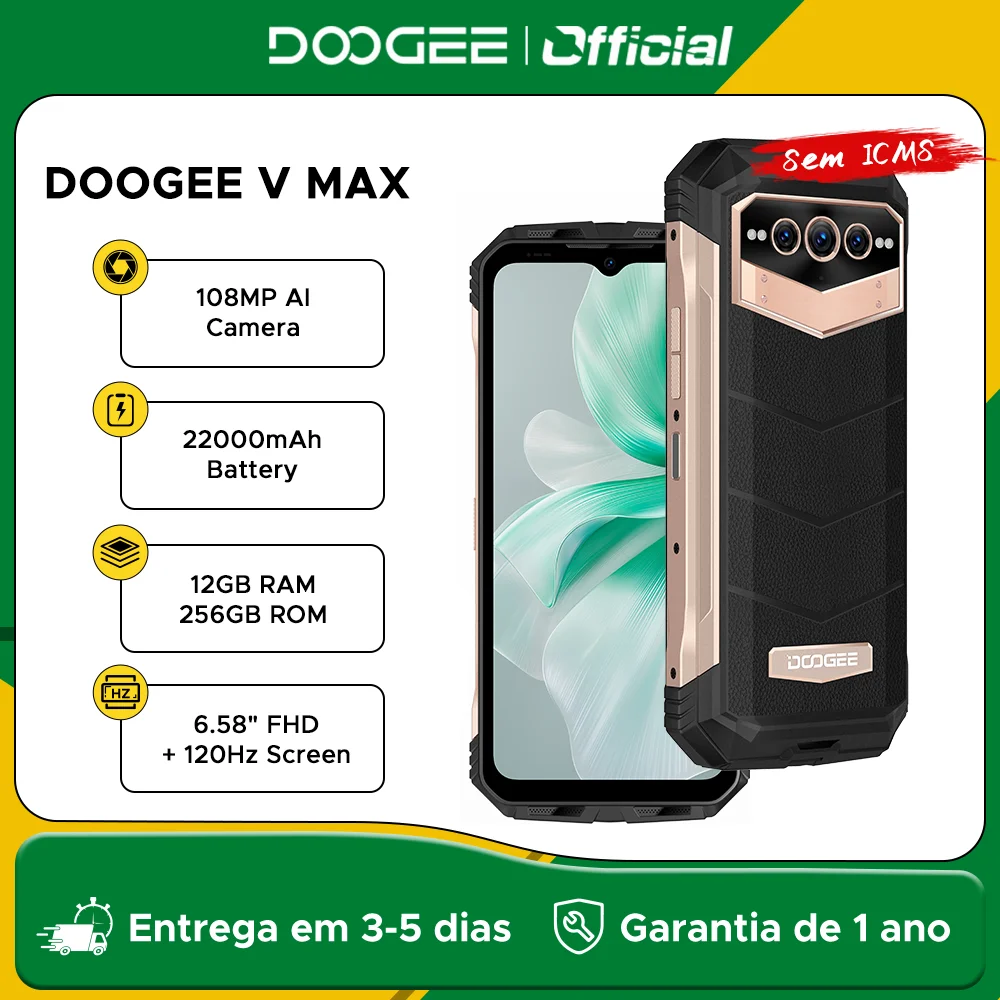 DOOGEE V Max 5G Telefone Robusto 22000mAh 12GB+256GB Telemóvel 108MP Câmara Telefone 120Hz Dimensidade 1080 Alta Resolução