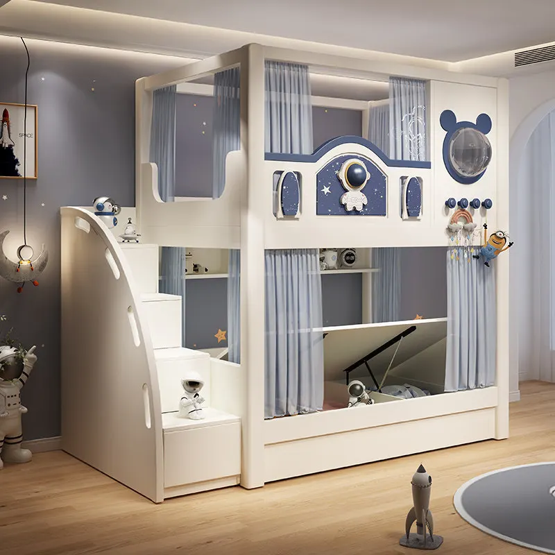 Blue Creative Multifunctional Wood Bunk Bed Children's Bed Boy Cartoon Bunk Bed Light Luxury Design