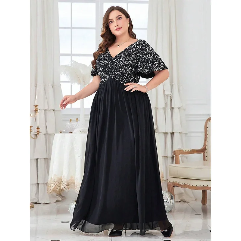 Plus Size Banquet Women\'s Chiffon Evening Dress Elegant V-neck Short Sleeve Black Silver Sequins Women\'s Prom Dresses 4XL 5XL