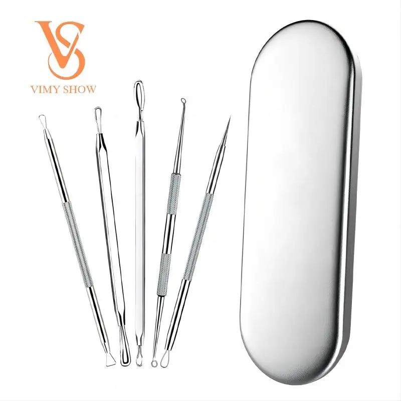 5PCS Stainless Blackhead Removers Pimple Popper Tool Kit Blackhead Extractor for Face Comedone Zit Acne Whitehead Blemish