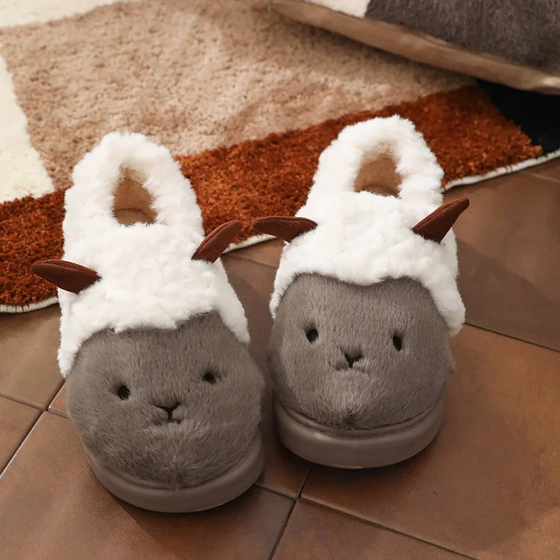 Women Winter Cute House Slippers Men Home Indoor Cartoon Goat Shoes Couple Cozy Anti-slip Outdoor Cotton Footwear