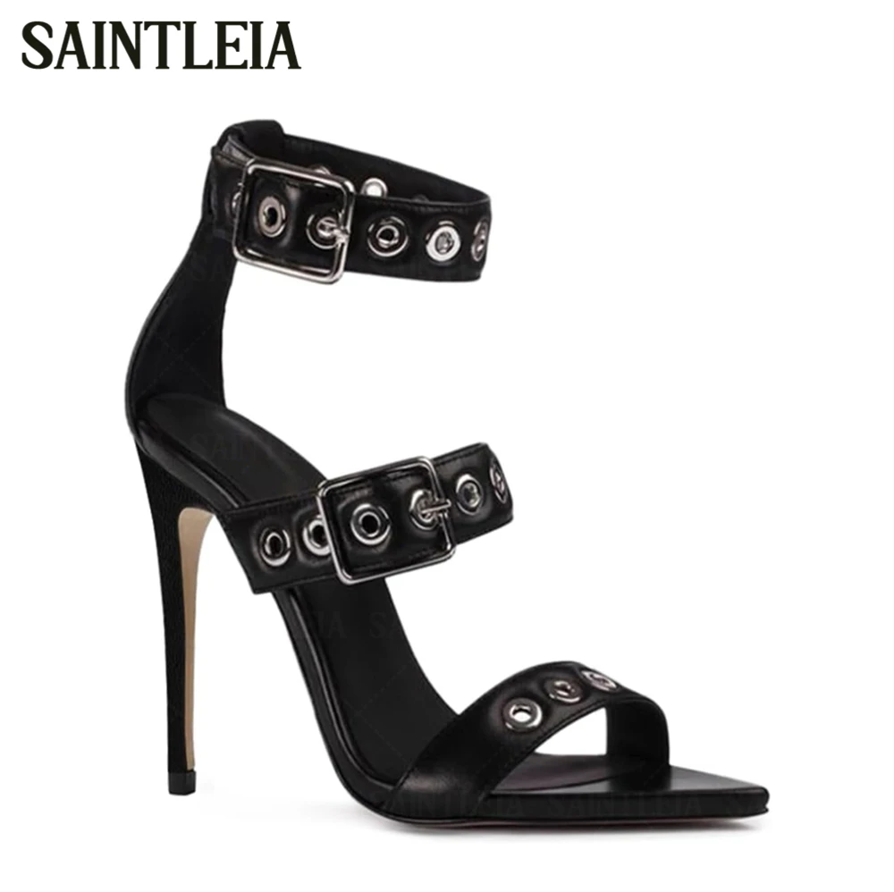 Eyelet Embellishment Sandals Buckle-Fastening Ankle Strap High Heels Silver-Tone Hardware Stiletto Heel Summer Shoes for Women