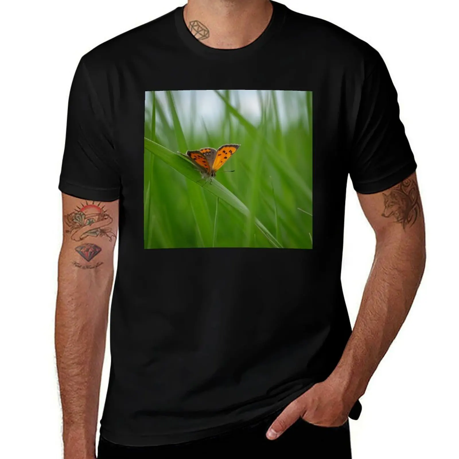 

Copper Butterfly Resting on Green Grass T-Shirt street wear Personalized t-shirt t shirts men