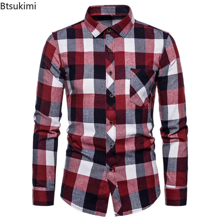 New 2024 Men\'s Harajuku Plaid Shirts 100% Cotton Pocket Long Sleeve Male Slim Fit Blouses High Quality Casual Checked Shirt Men