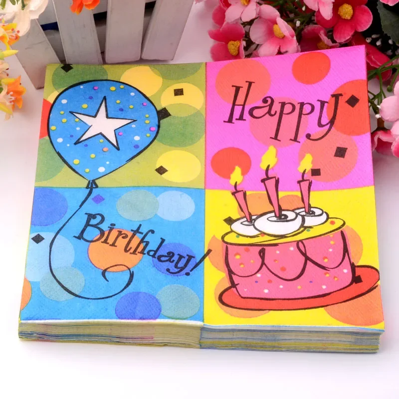 Birthday Series Wedding Tissue Paper Birthday Party Colourful Napkin Square Facial Tissue Candle Balloon Cake 20pcs/pac 2-Ply