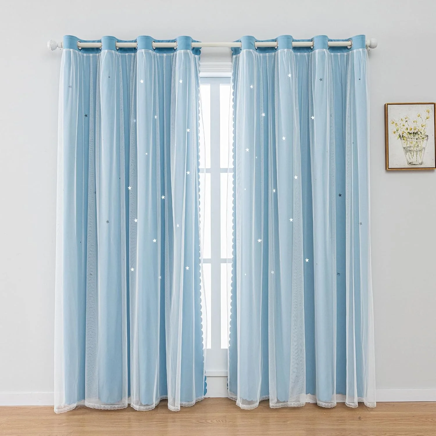 

Затемняющие шторы с звездами для детской комнаты девочек, синий градиент с ажурными звездами, 2 панели, длина 63 дюйма