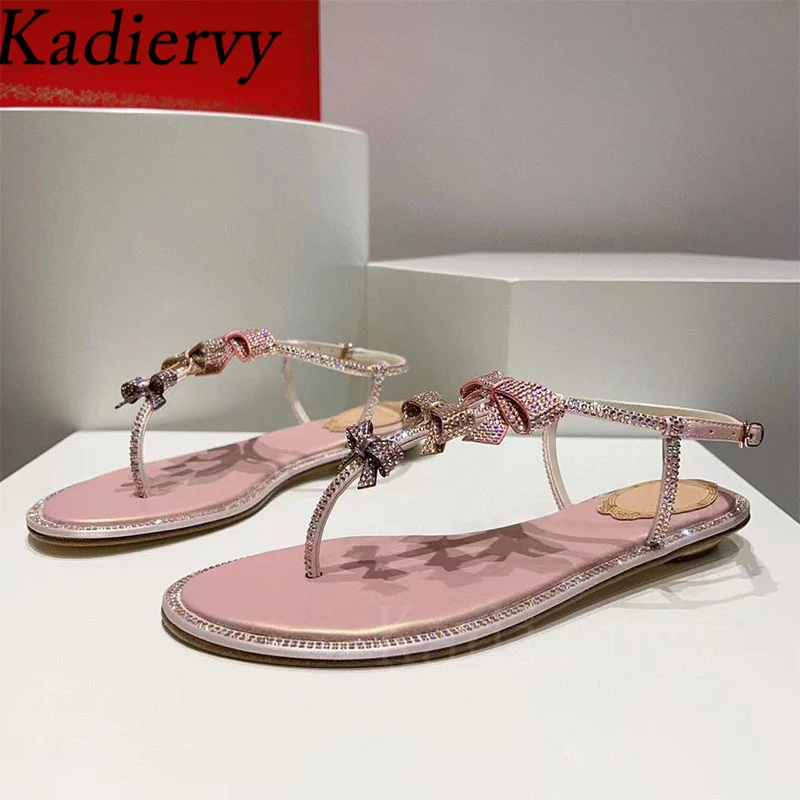 Sweet Butterfly-knot Sandals Women Rhinestone Ankle Buckle Strap Party Shoes Flip Flop Bling Crystal Flat Summer Sandals Woman