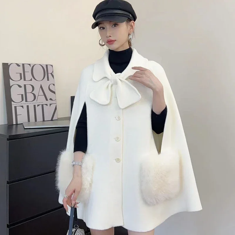 French Elegant Socialite Bow Stand Collar Single-breasted Double-sided Woven Knitted Capes Shawl Fur Splicing Pocket Cloak Women