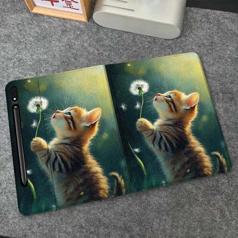 

Мягкий гибкий чехол-подставка для планшетов Samsung Galaxy Tab S6, S7, S8, S9, S10 FE, Plus, Lite с милым котенком и одуванчиком, отличный подарок