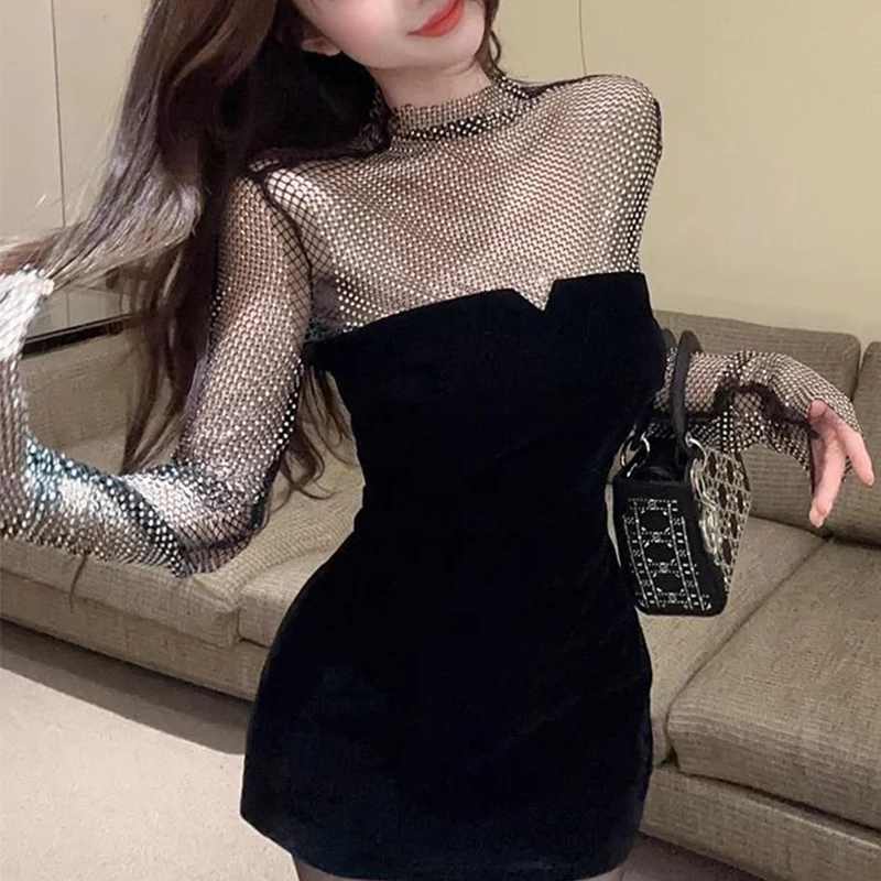 Spring Summer Stand Collar Diamons Patchwork Black Mini Dress Women Long Sleeve Nightclub Fashion Sexy Robe Femme Vestidos