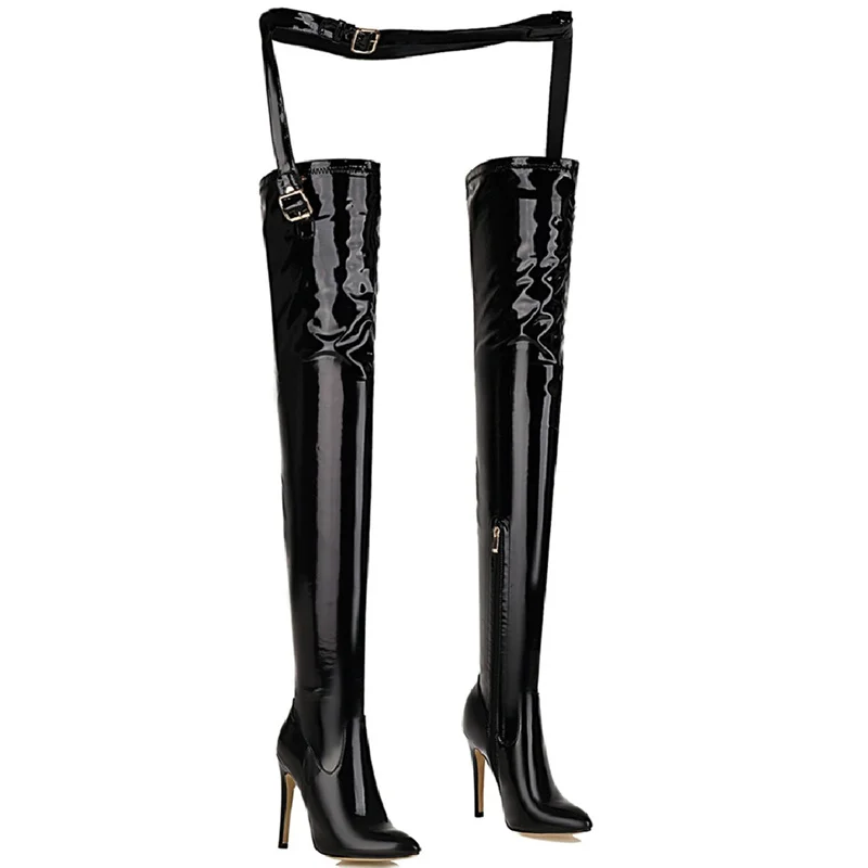 Leather Over the Knee Belt Boots Women Sexy Style Thigh High Boot Pointed Toe Buckle Strap Fetish Stripper Dance Shoes Female