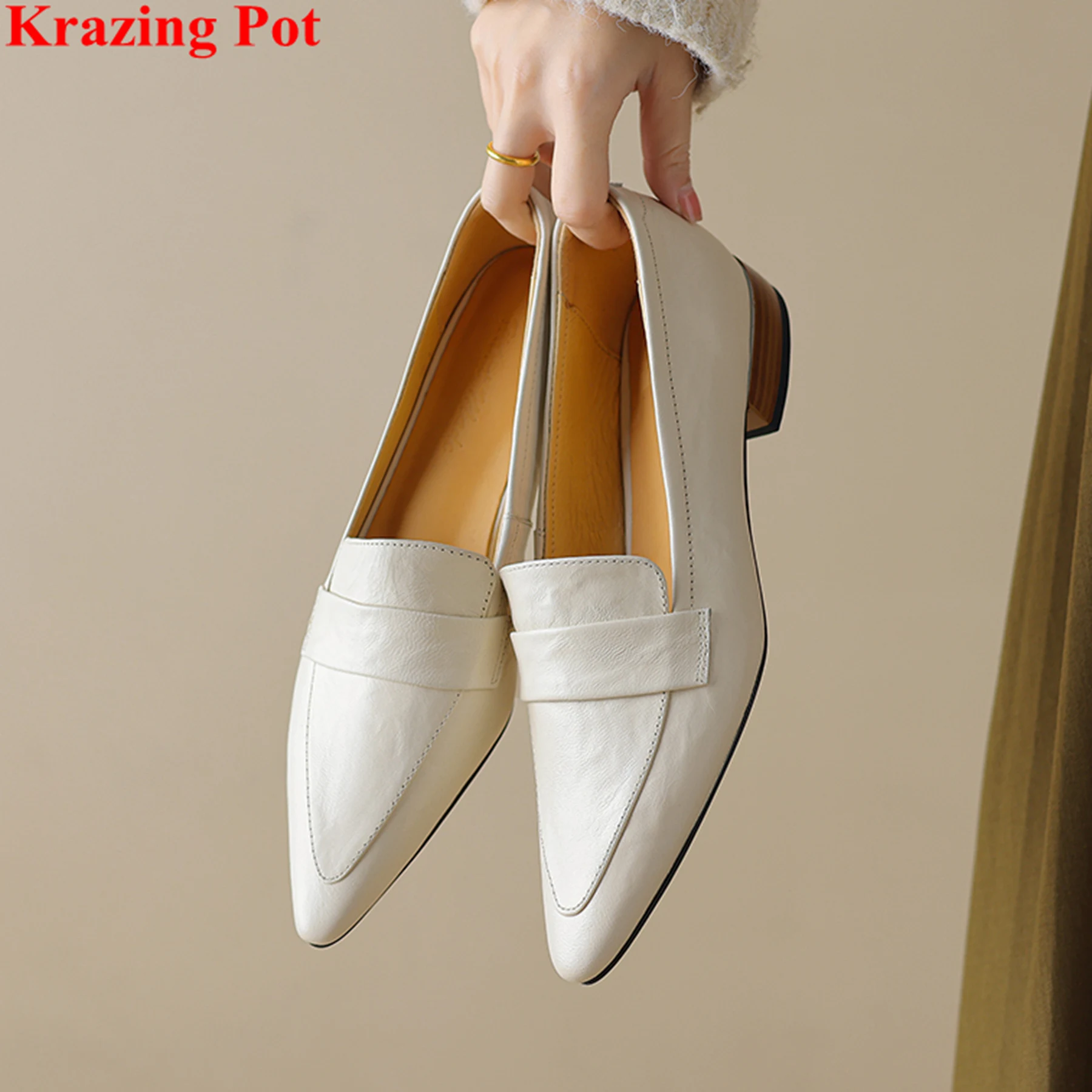 Plus Size 33-42 Sheepskin Pointed Toe Shallow Low Heels Spring Autumn Shoes Dating Loafers Slip On Sweet Elegant Ins Women Pumps