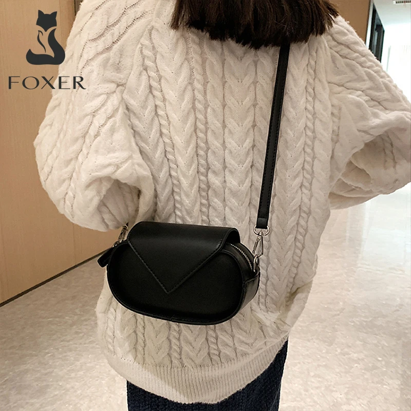 FOXER Round Small Shoulder Bag Women Hasp Split Leather Messenger Bag Female Fashion Zipper Adjustable Crossbody Bag Girl\'s Gift