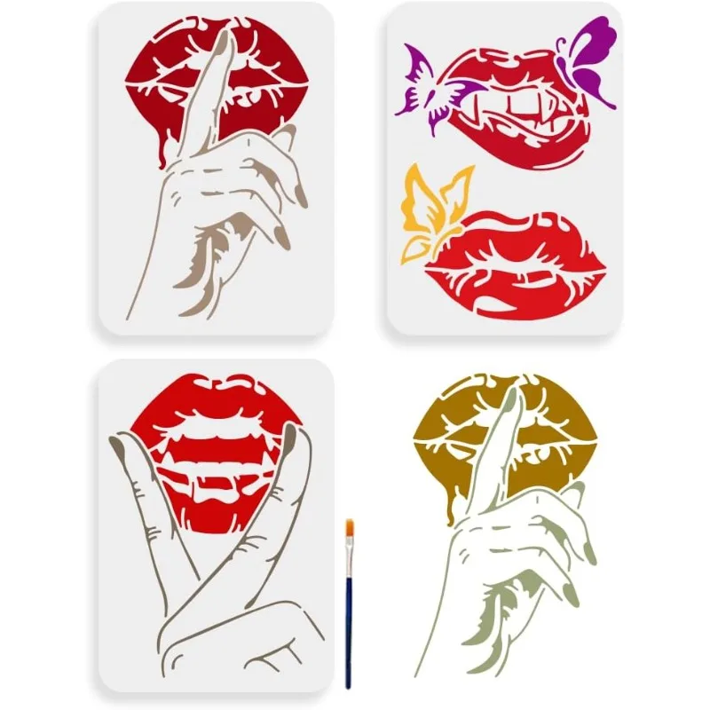 3 Stück Lippen-Schmetterlings-Finger-Schablonen, 11,7 x 8,3 Zoll, große Kusslippen, DIY-Schablone mit Pinsel, wiederverwendbar, rote Lippen, Lippenstift, Mund