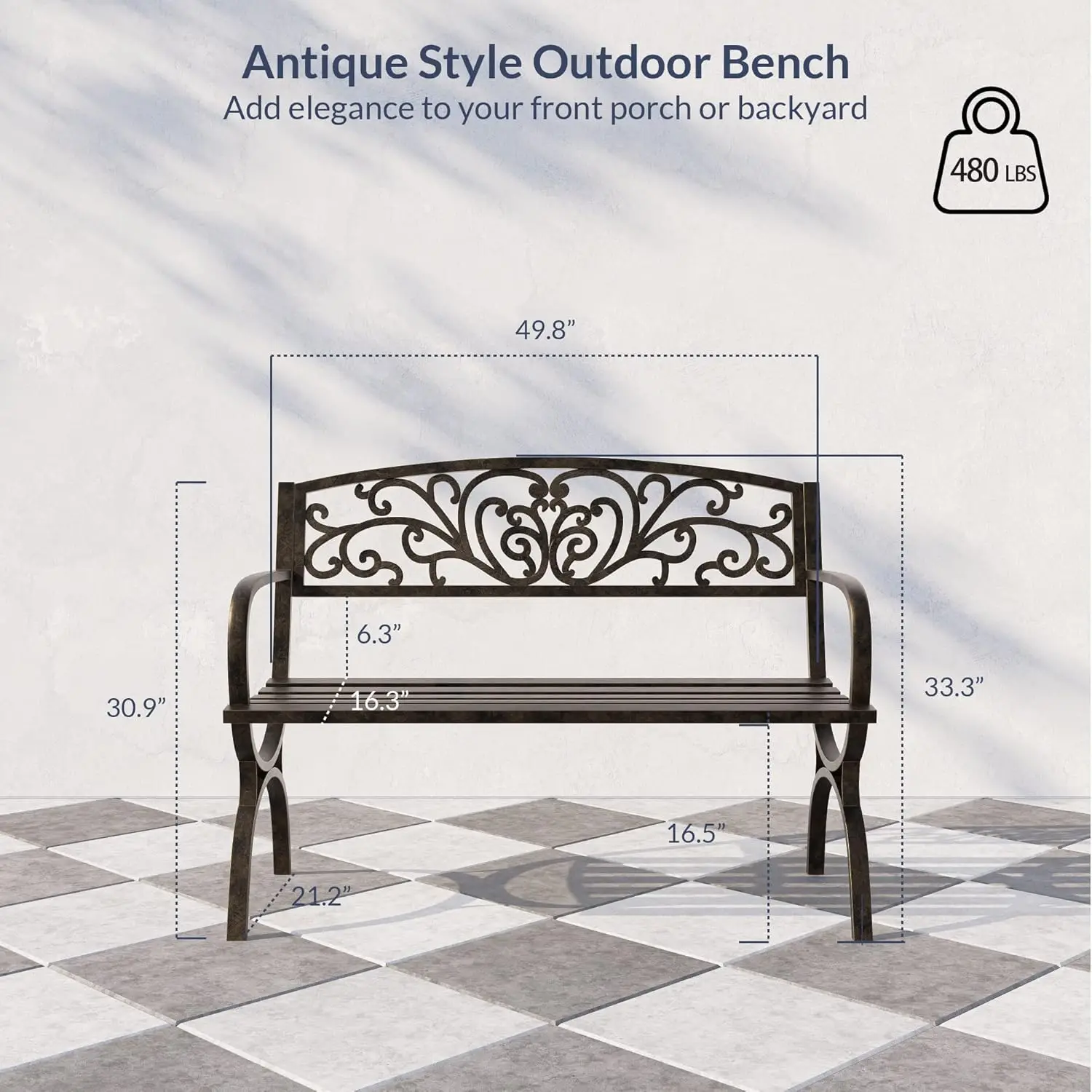 Patio Outdoor Garden Bench, 50 inch Cast Iron Metal Loveseat Chairs with Armrests for Park, Yard, Porch, Lawn, Balcony