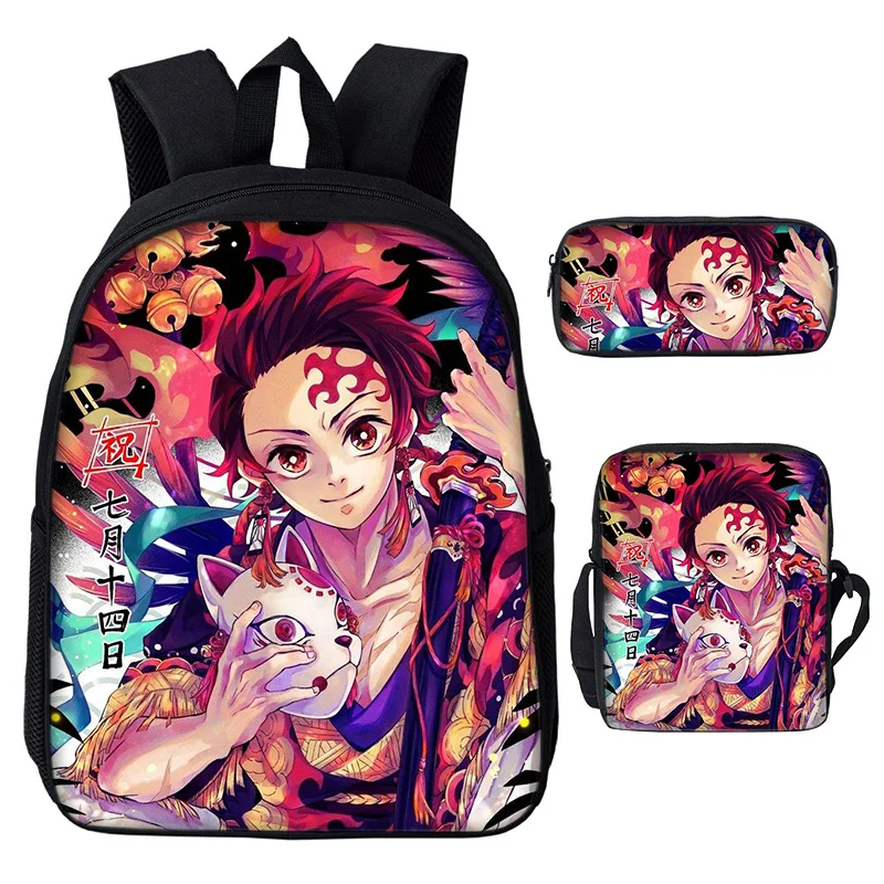 Anime Demon Slayer Plecak Chłopcy Dziewczynki 3-częściowy zestaw tornistrów Studenci Bookbag Torby na ramię Torba na długopisy Tornister szkolny Mochila