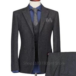 3 Pieces Men's Suits Black Tweed Herringbone Slim Fit Business Notch Lapel Two Buttons Jacket Groom Tuxedos (Blazer+vest+Pants)