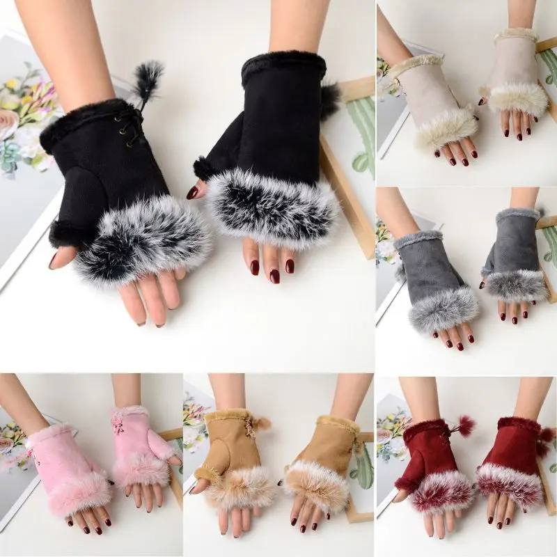 

1pair Women Winter Warm Gloves Fashion Faux Rabbit Fur Half Fingerless Gloves Solid Color Writting Cycling Mittens Hand Warmer