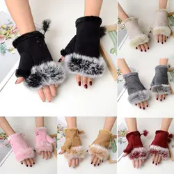 1pair Women Winter Warm Gloves Fashion Faux Rabbit Fur Half Fingerless Gloves Solid Color Writting Cycling Mittens Hand Warmer