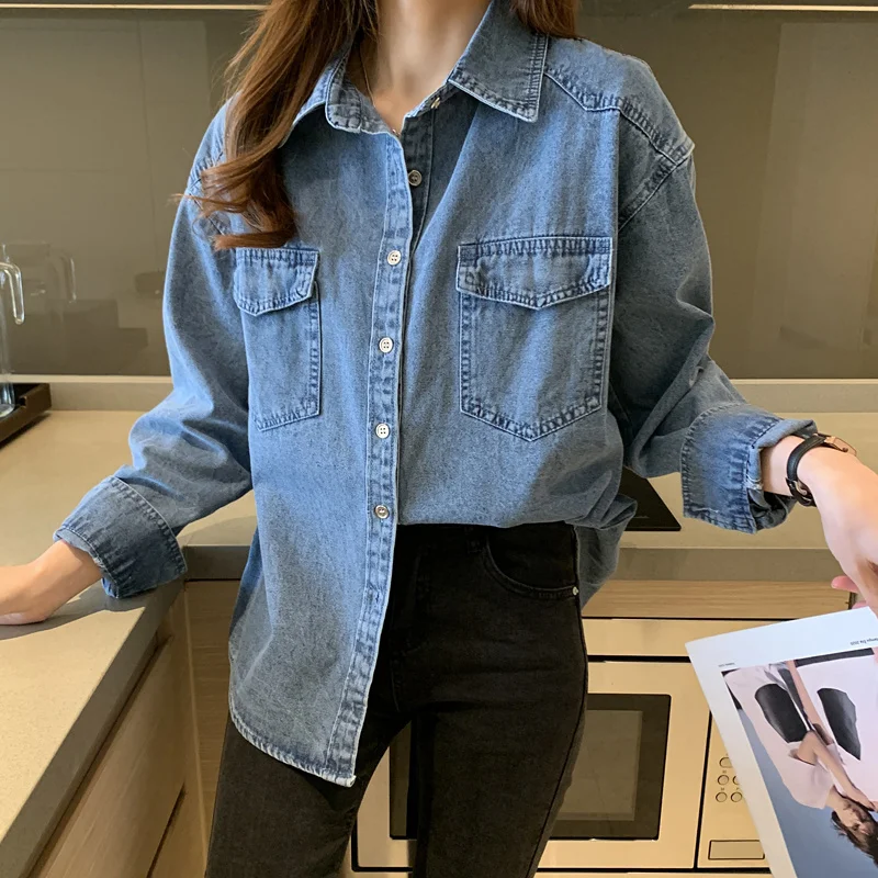 #3119 Blue Denim Shirt Long Sleeve Loose Casual Office Jeans Shirt Female Turn-down Collar Outerwear Ladies Tops And Blouses