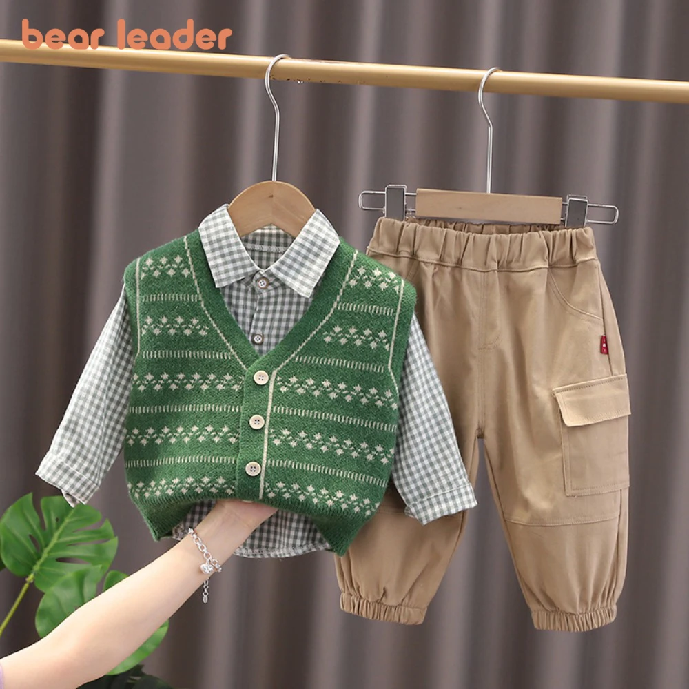 Bear Leader 2024 Autumn Korean Children\'s Shirt Sweater Three Piece Set for Boys Autumn Long Sleeved Children\'s Set Trendy