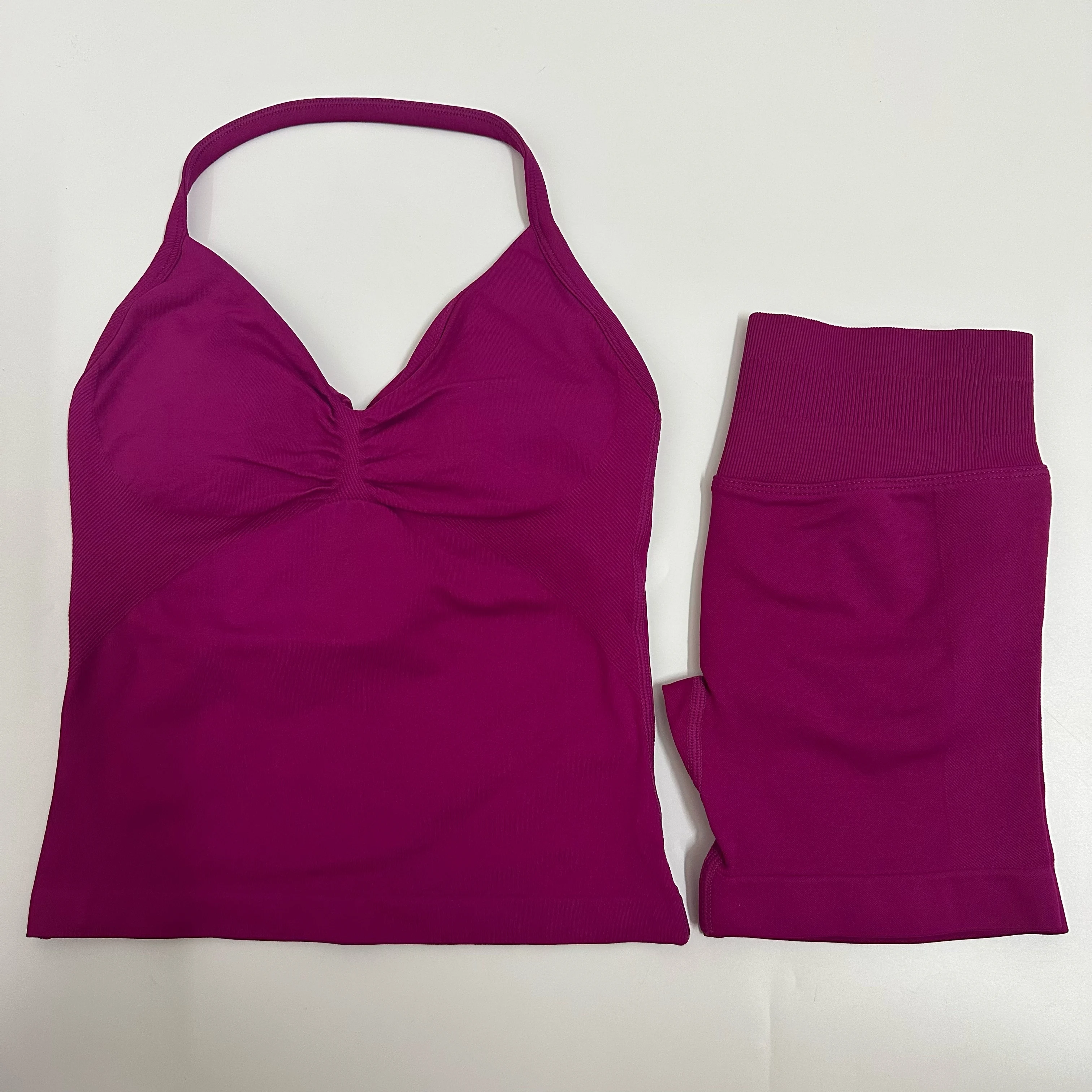 No Logo YogaGym Set Women Backless Tank Tops High Waist Scrunch Seamless Shorts Gym Suit Fitness Clothes Activewear Workout Sets image 6