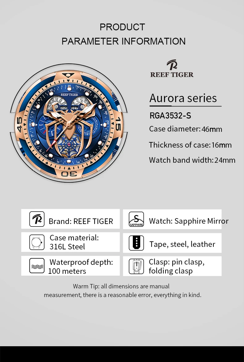 Reef Tiger Mens Luxury Watches 46MM Fashion Automatic Mechanical Wrsitwatch 100M Waterproof Luminous Wristwatch Sapphire RGA3532