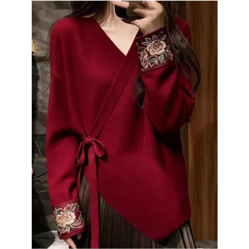 

Elegant V Neck Embroidered Blouse With Belted Waist For Women Chinese Style Casual Wear Autumn Winter Fashion Top