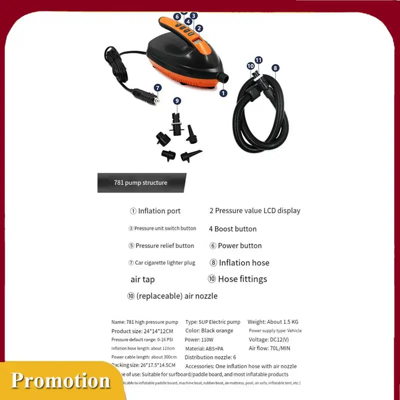 

Hot!Paddle Electric Inflator 12V Vehicle High-Pressure Pump Surfboard Kayak Boat Inflatable Tent Inflation.