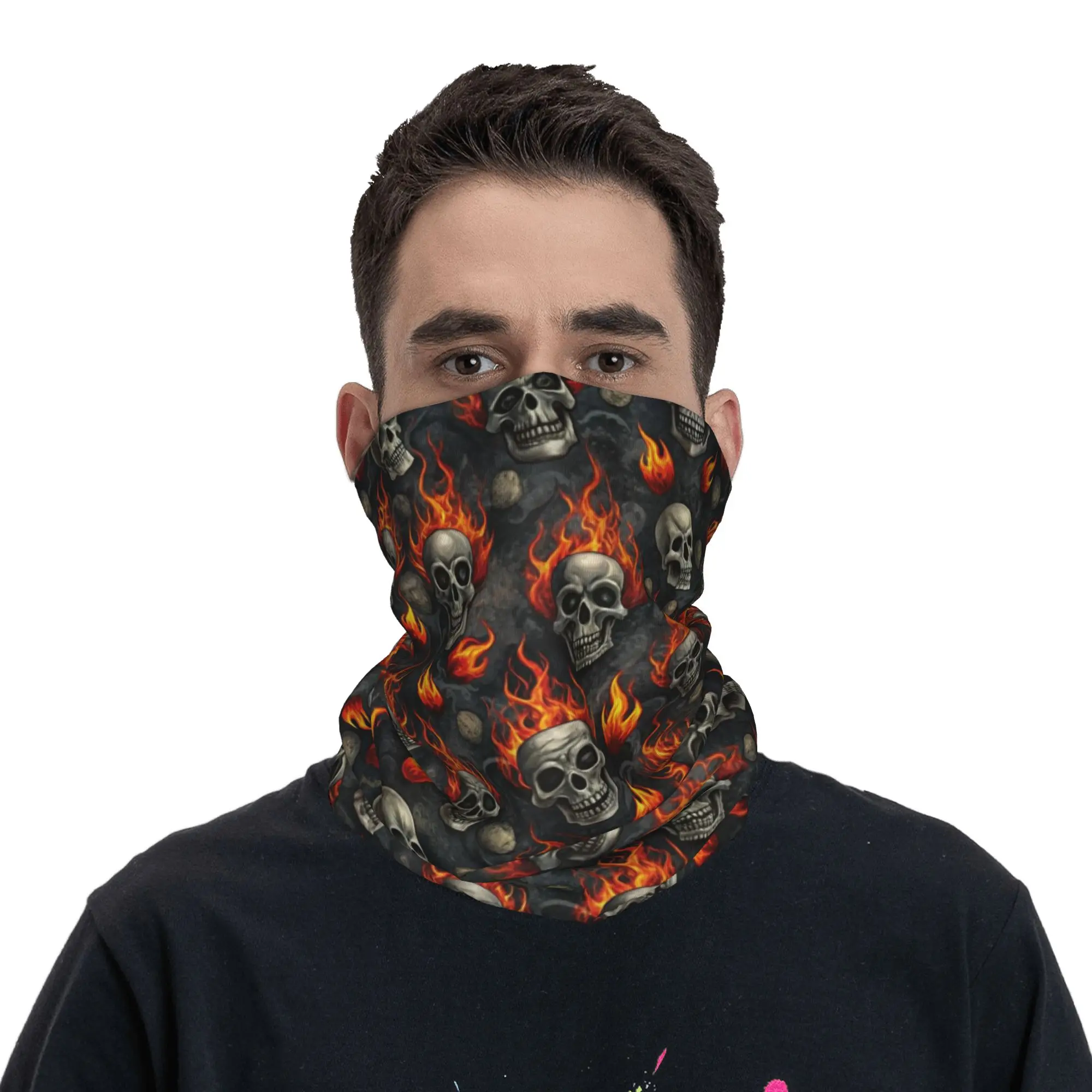 Flaming Skulls Pattern Bandana Neck Gaiter for Hiking Hunting Women Men Wrap Scarf  Headband Warmer Face Scarf Cover