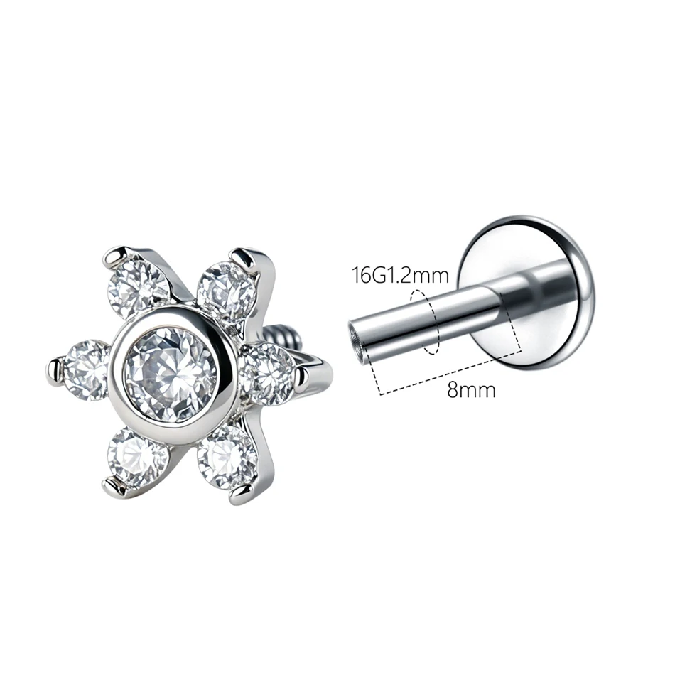 1PC  Labret Piercing Stud Earrings for Women Internally Threaded Cubic Zirconia Tragus Helix Lip Ring Body Jewelry