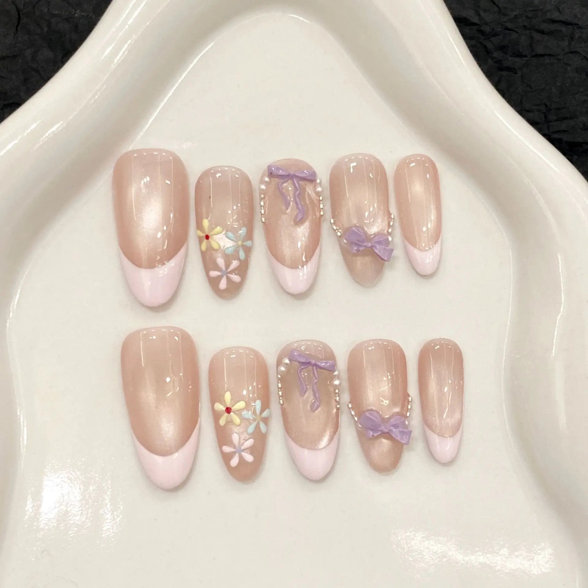 10pcs Handmade French Cat Eye Press on Nails Purple Flower Bow Design Korean Fake Nails Wearable Reusable Almond False Nail Tips