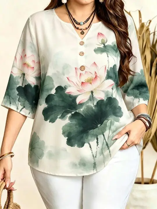 Women 3/4 Sleeve V‑Neck Blouse Button Decor Hydrangea Lotus Poppy Watercolor Floral Print Casual Ladies Tops