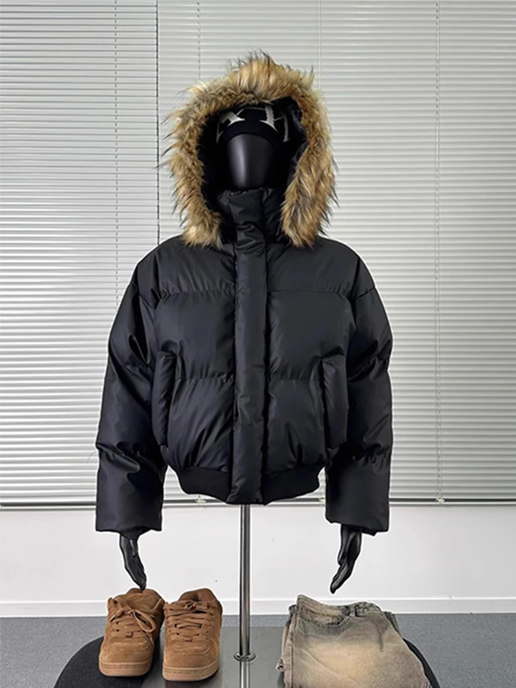 

Black Lightweight down Cotton Jacket Removable Hat Short Quilted Coat Men's Thickened Stand Collar Hooded Bread Coat