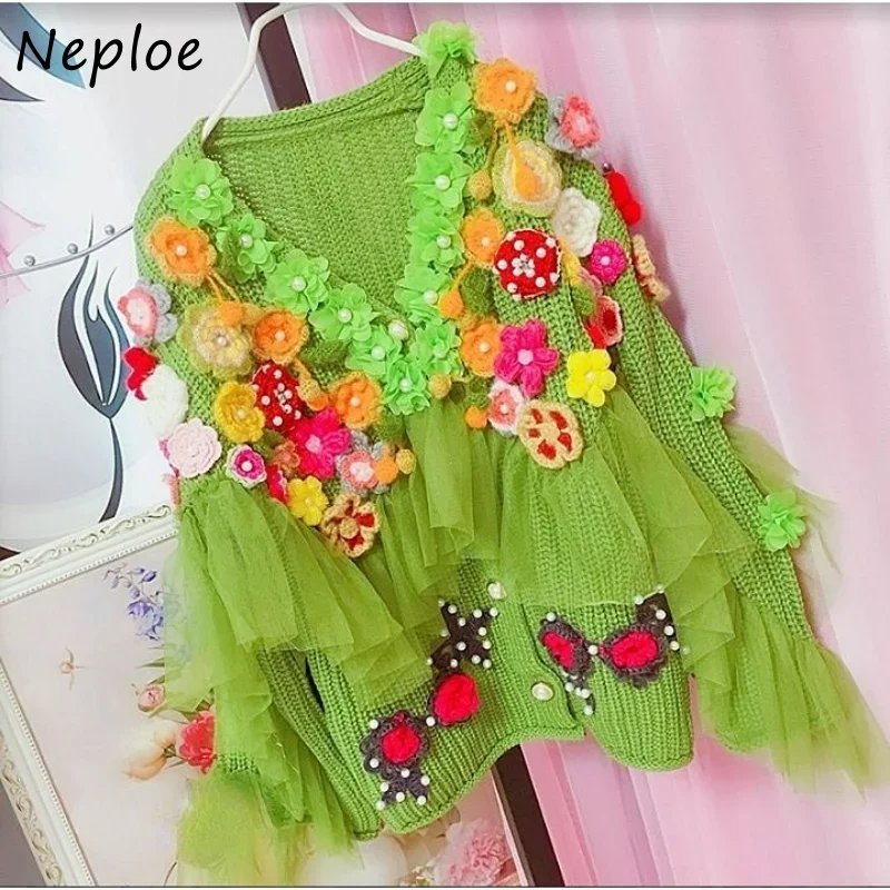 Neploe V Neck Beading Stereo Flower Outerwear  Autumn Vintage Sweater Jacket Solid Color Long Sleeve Single-breasted Cardigans