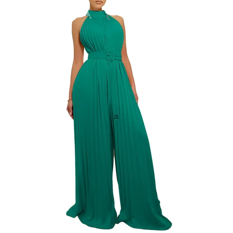 

Summer 2024 Elegant Africa Sleeveless Polyester Long Jumpsuit Outfits Dashiki Africa Clothing And Belt African Clothes for Women