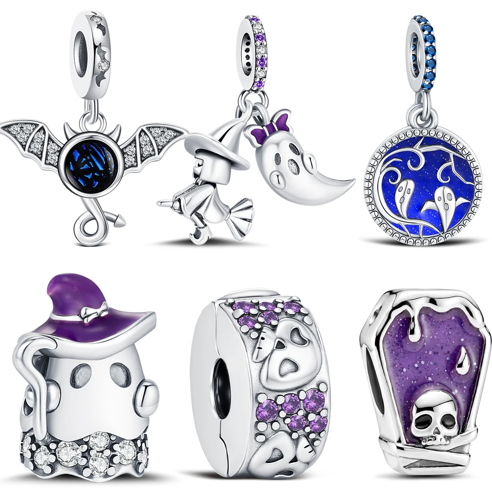 New 925 Sterling Silver Halloween Witch Ghost Bat Coffin Charm Purple Blue CZ Enamel Beads & Dangles Fit Original Snake Bracelet