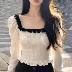 Square Collar Velvet Cropped 2024 Autumn New Femininity Versatile Slim Fit Bubble Long Sleeve Fungus Edge Pleated Women Blouse
