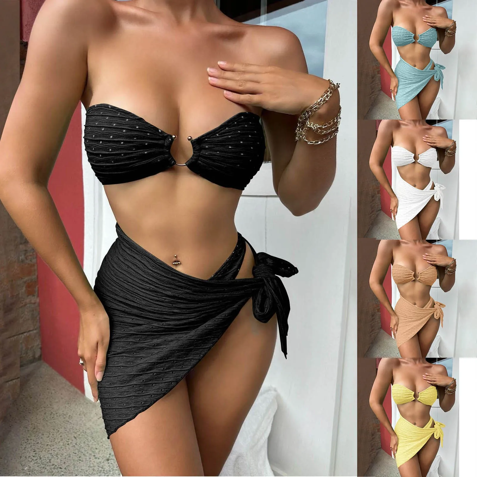 Bikini de 3 piezas para mujer, traje de baño femenino, ropa de playa, conjunto de Bikini, falda lisa, 2024