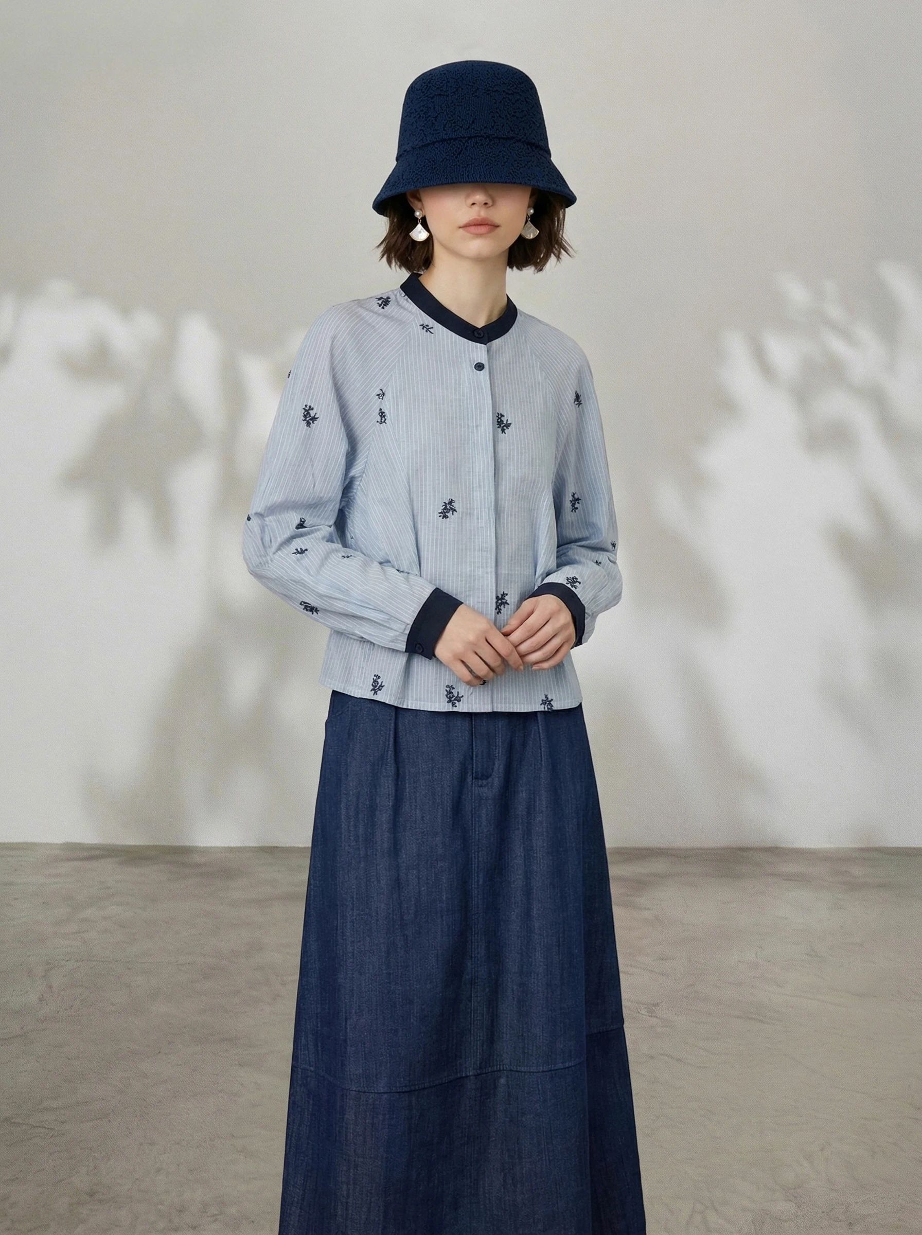 

Women's Long Sve irt Spring 2026 Loose Slimming Commute Versatile Top Korean Sle Cotton Embroidered Folded Sve