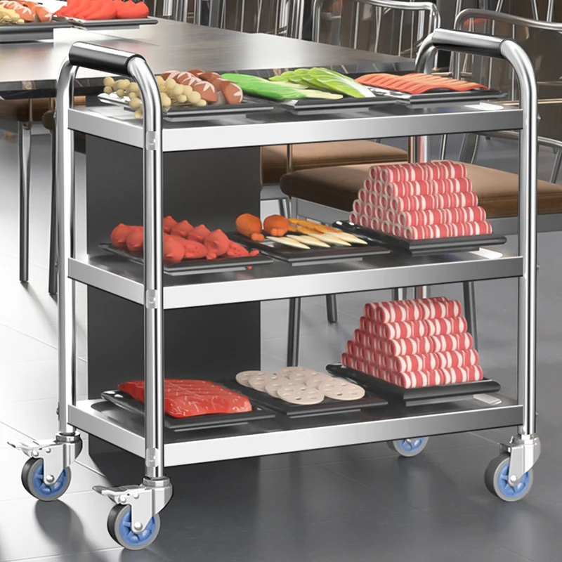 Commercial 3-Tier Stainless Steel Serving Cart Mobile Food Trolley with Heavy-Duty Roll out Tray