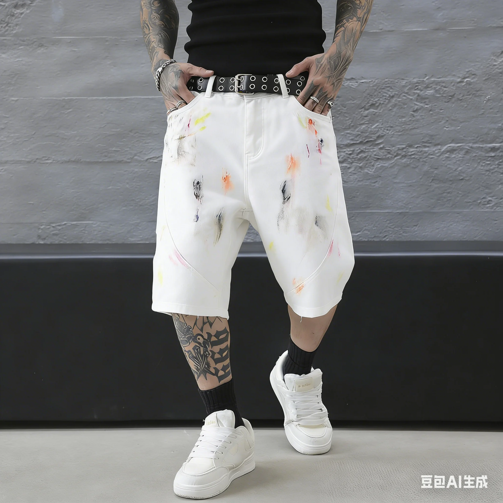 

Новые мужские белые джинсовые шорты с эффектом брызг краски, в стиле Y2K, рваные, с необработанным краем, 5 дюймов, повседневные, свободные, модные, летние брюки-джоггеры