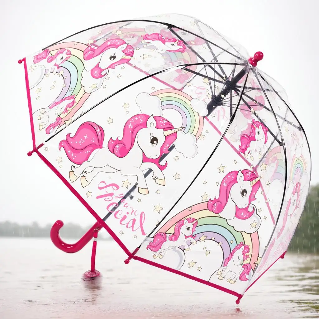 Kids\' Auto Open Colorful Princess Unicorn Umbrella – Multiple Colors, Straight Handle, Wind-Resistant, Cute Transparent Plastic