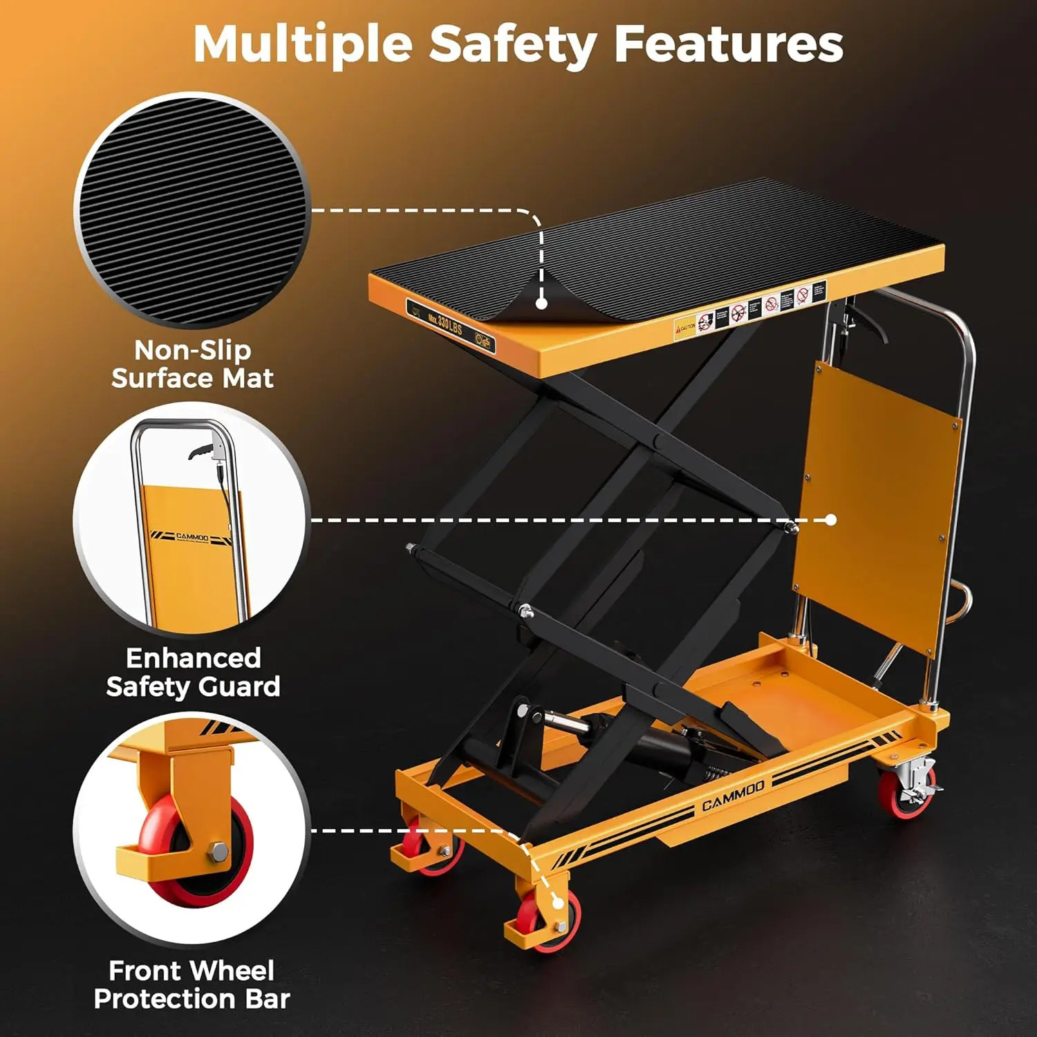 عربة طاولة رفع هيدروليكية، سعة 330 رطلًا، ارتفاع الرفع 49.6 بوصة، طاولة رفع مقصية مزدوجة مع وسادة مضادة للانزلاق وواقي أمان - ساخن